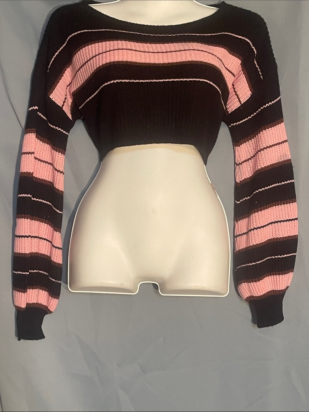 Cropped Crewneck Sweater in Black and Pink Stripes